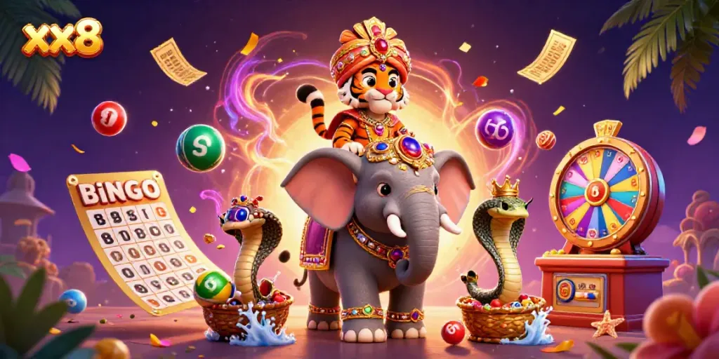 Experience the exciting world of xx8 with a dazzling 3D tiger and casino elements in a vibrant scene.