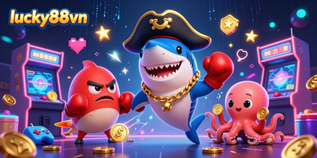 Engage with lucky88vn’s vibrant casino world featuring animated characters like a shark, pufferfish, and octopus.