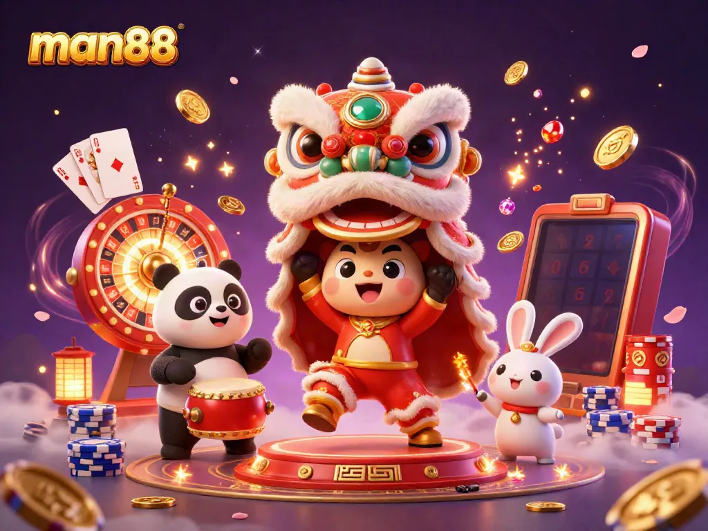 Experience thrilling gameplay with man88's dynamic casino scene showcasing vibrant characters, fluttering coins, and colorful gaming elements.