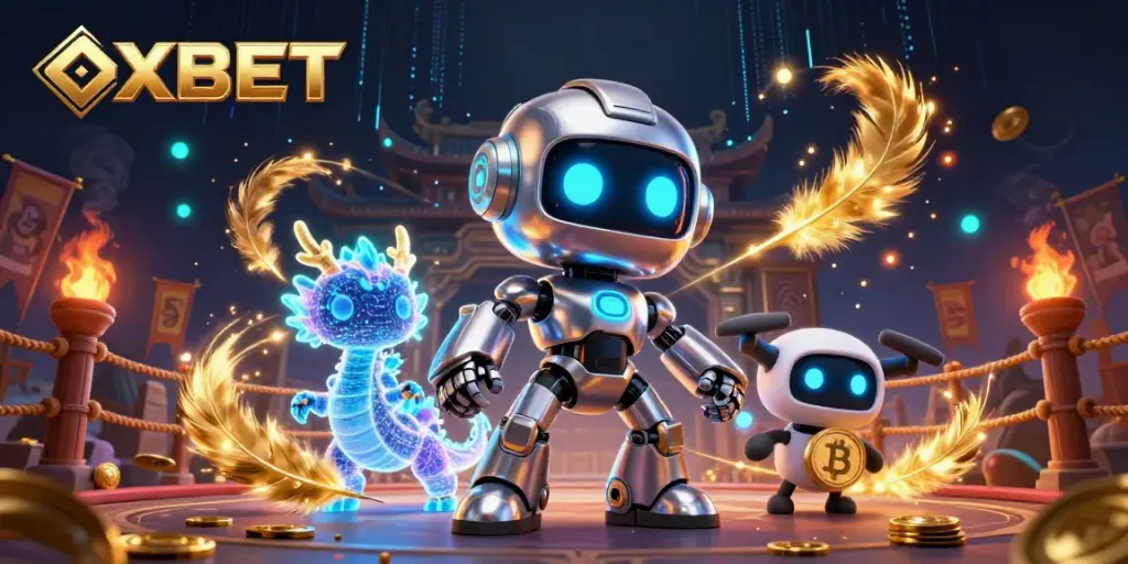 Experience the vibrant world of OXBET with a cyberpunk robot, holographic dragon, and exciting betting elements.