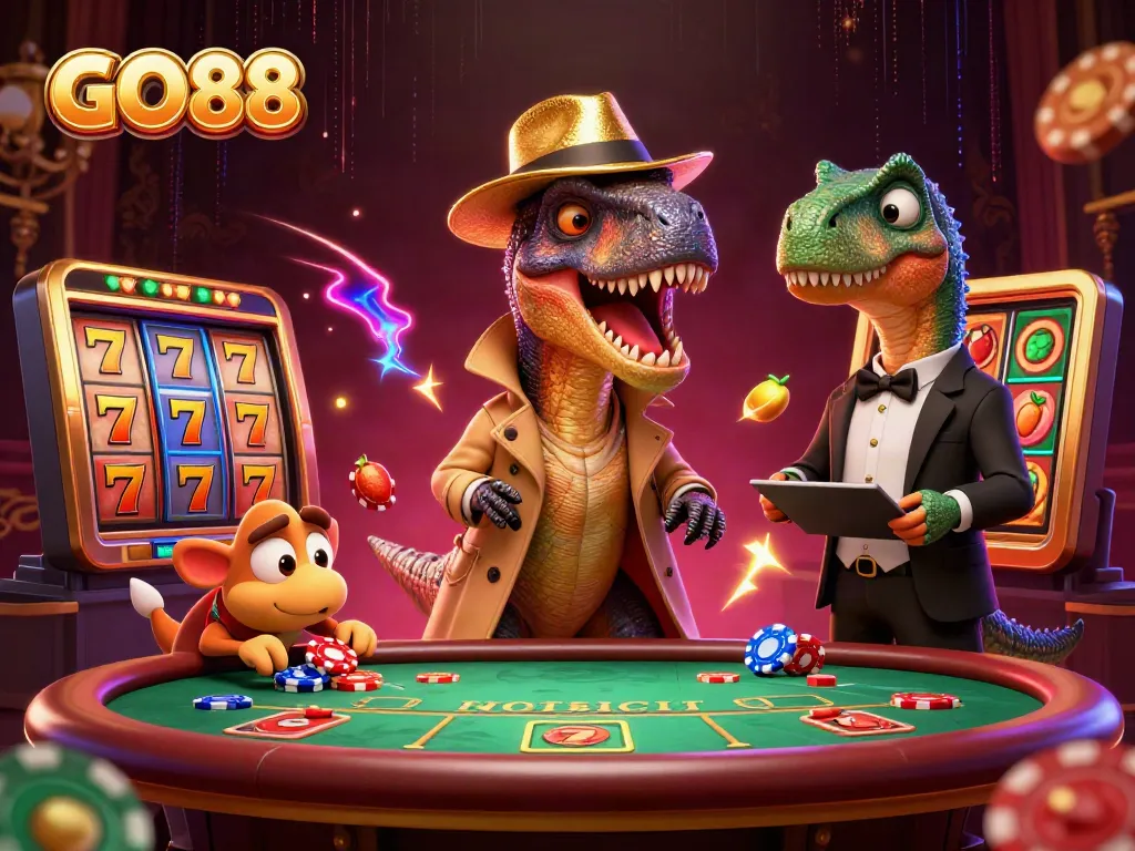 Engage in gameplay with GO88 at a lively blackjack table featuring characters in a gaming scene.