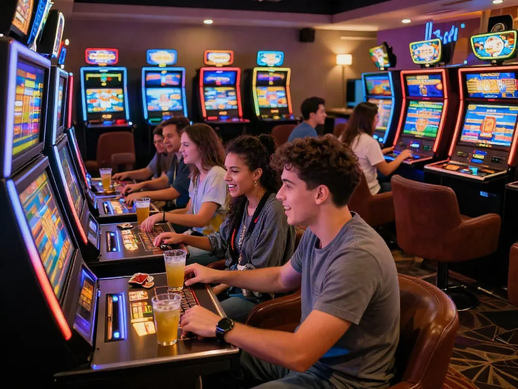 Exciting scene of players engaging with slot gacor machines in a vibrant gaming lounge.