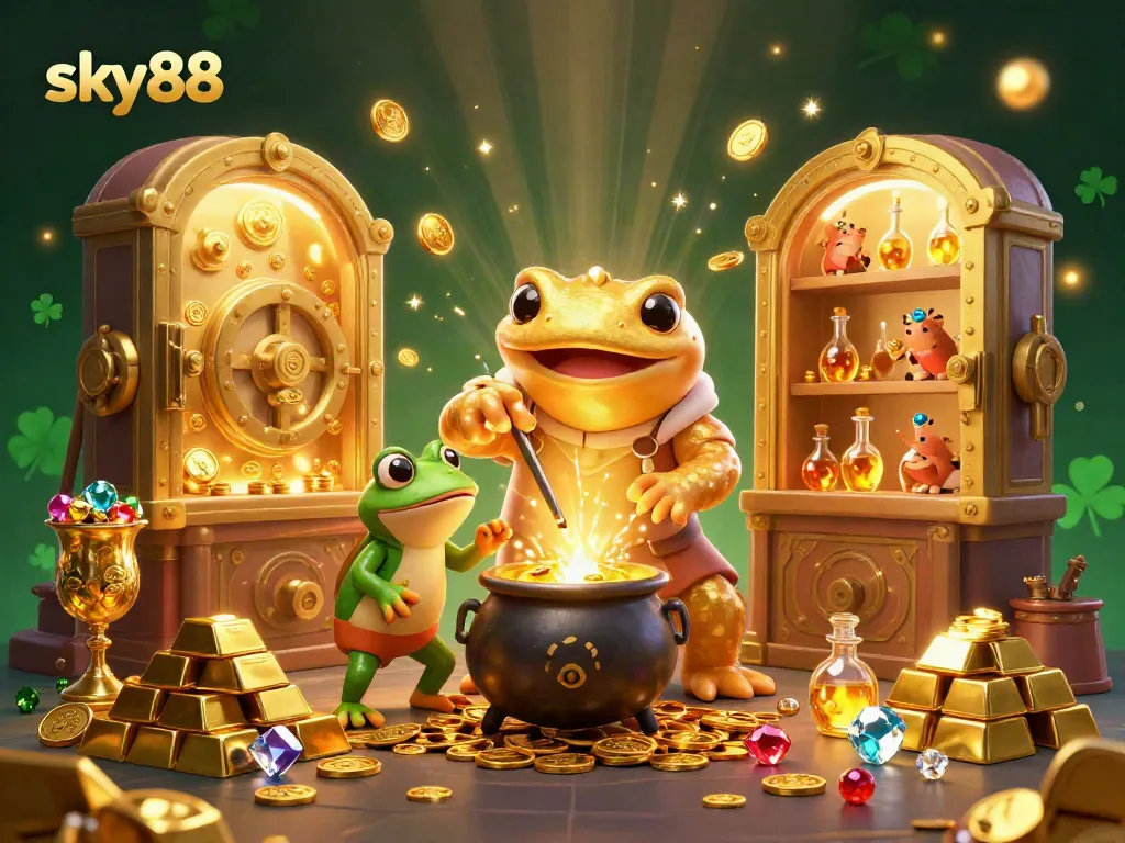Engage in thrilling gaming adventures at sky88 with the magical scene of alchemy, gold coins, and joyous characters.