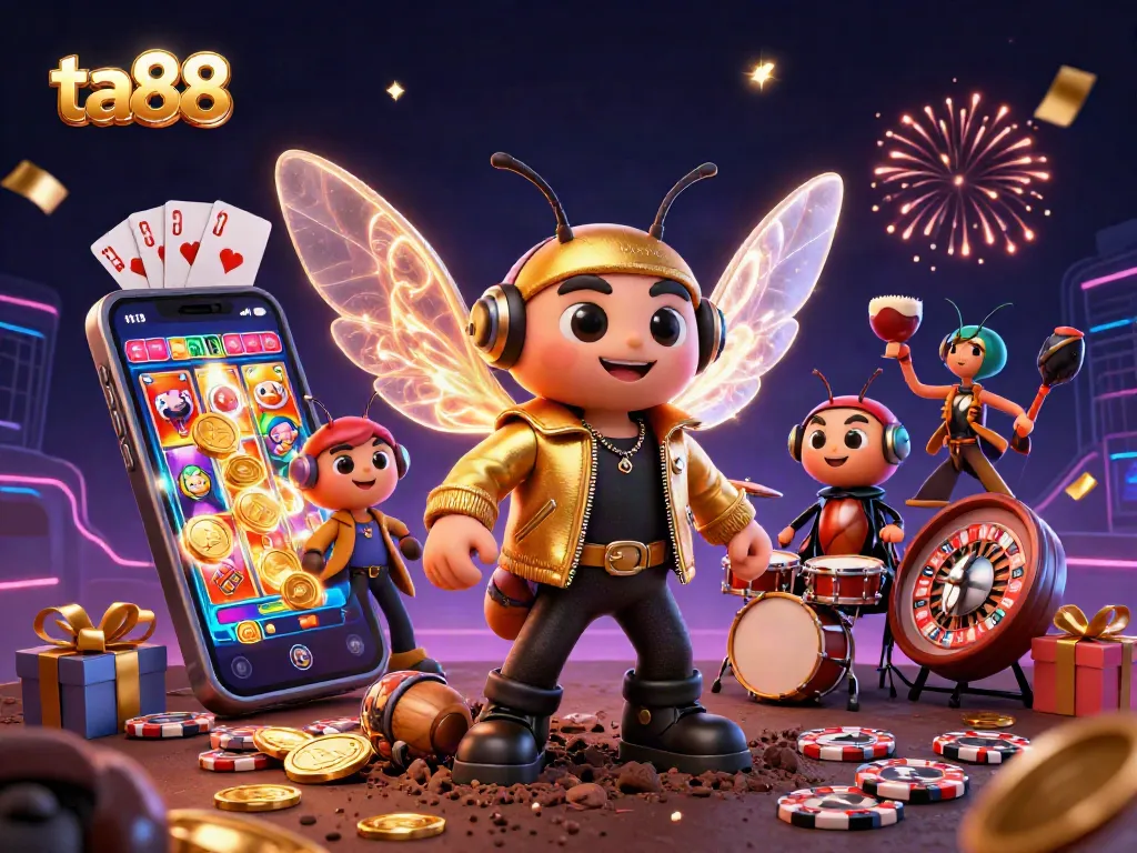 Spin to win at ta88 with our vibrant casino scene showcasing thrilling slot action and musical vibes.