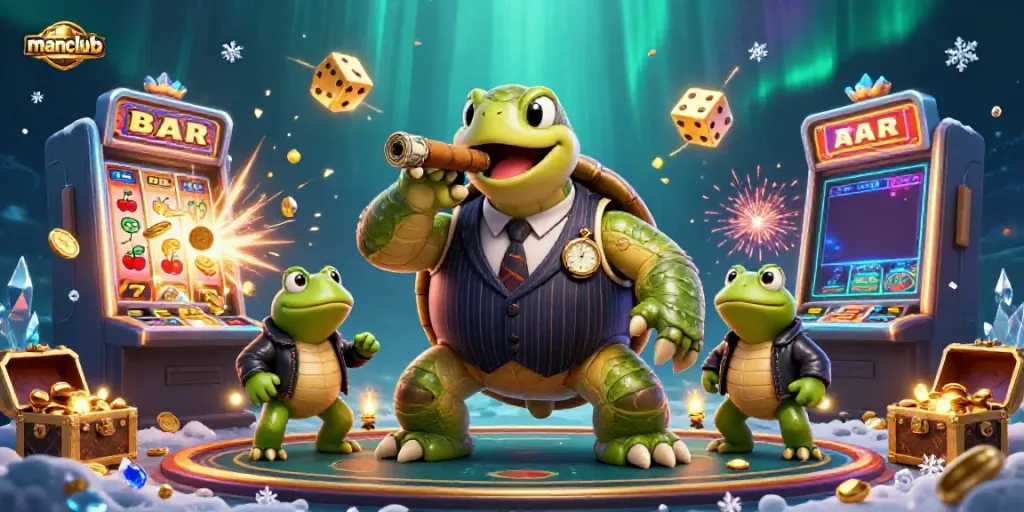 Experience excitement at manclub with a 3D cartoon turtle mobster and frog enforcers amidst a vibrant casino atmosphere.
