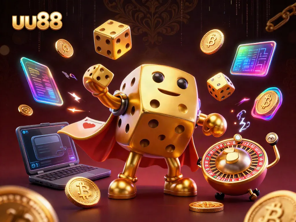 Experience the thrill of uu88 with a vibrant 3D illustration featuring a golden dice golem and crypto coins.