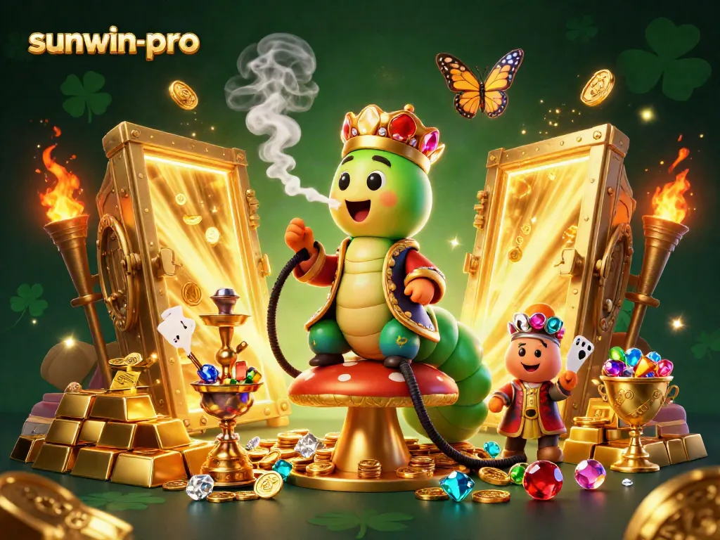 Experience the thrills with sunwin-pro as a 3D casino caterpillar unveils colorful poker hand symbols.