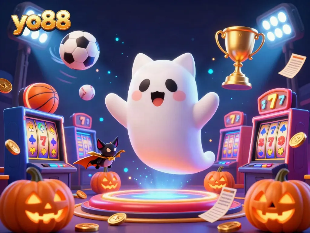 Engage in thrilling gaming at yo88, featuring vibrant ghost cat and vampire bat in a lively casino.