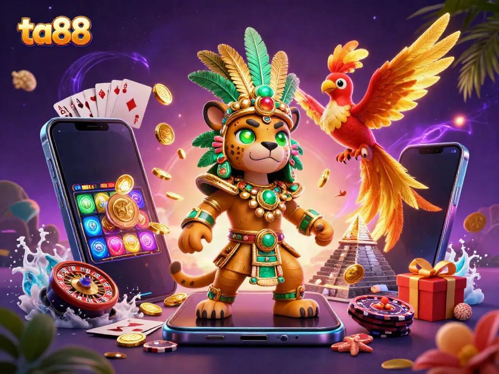 Experience thrilling gaming at ta88 with a vibrant scene of Mayan characters and dynamic casino elements.
