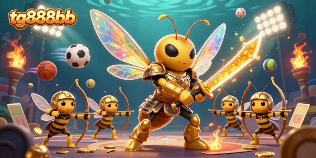 Engage with tg888bb's vibrant casino scene featuring a samurai hornet surrounded by dynamic gaming elements.