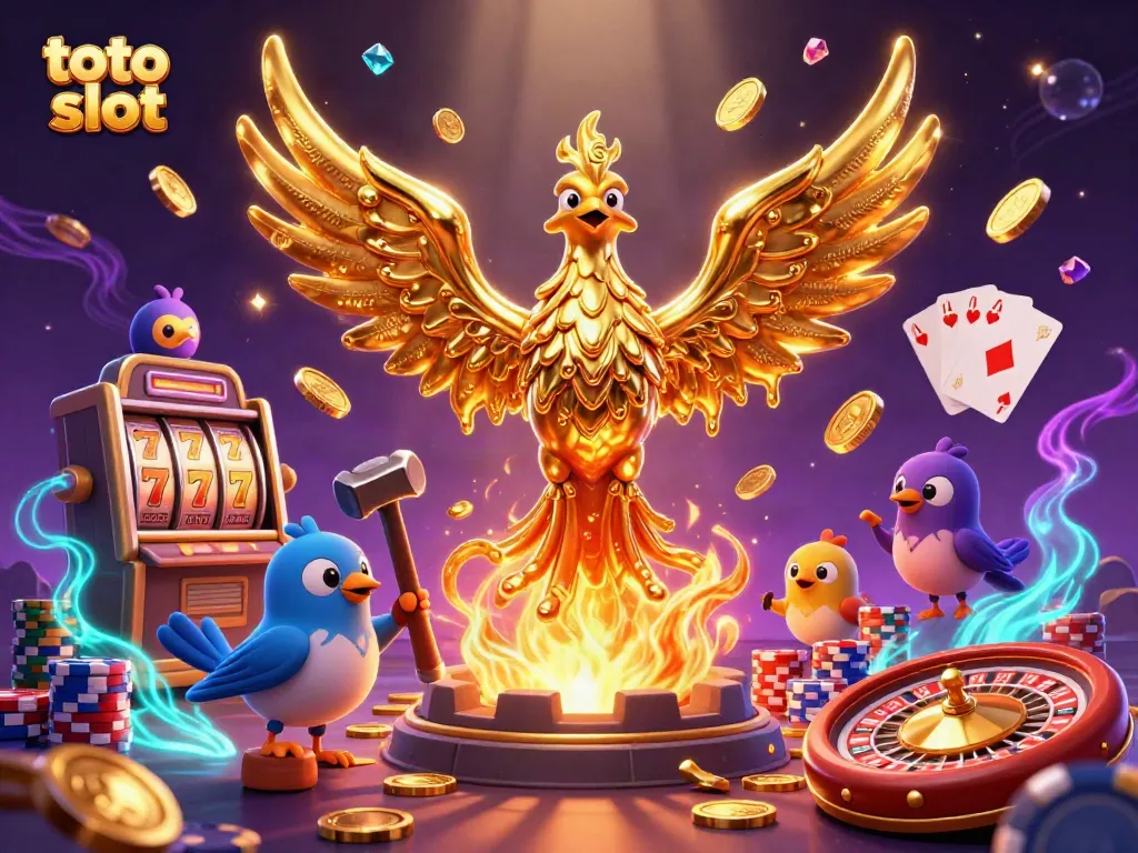 Engage with toto slot and watch the golden phoenix soar amid coins and vibrant casino elements.