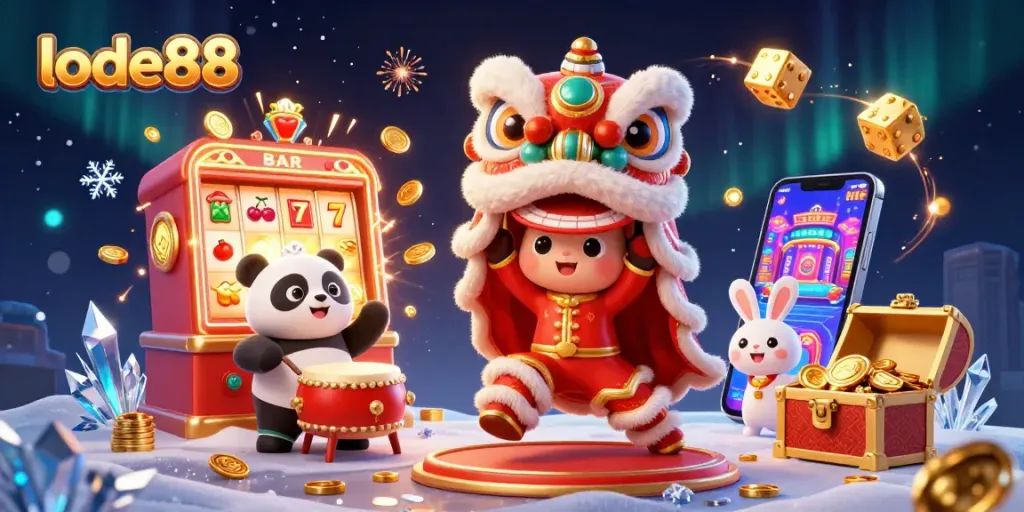 Experience the excitement of lode88 with charming characters celebrated in a vivid casino-themed illustration.