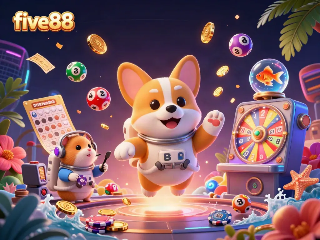 Experience the excitement of five88 casino with a cartoon astronaut corgi in space, surrounded by festive gaming elements.