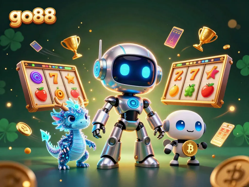 Join the excitement of go88 with a dynamic illustration featuring slot reels, a chrome robot mascot, and vibrant game elements.