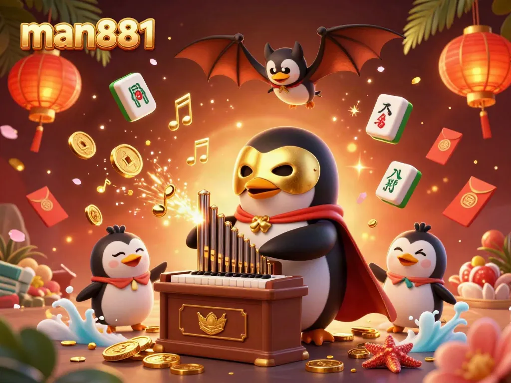 Experience excitement with man881 as a penguin plays a golden organ shooting coins in a vibrant casino scene.