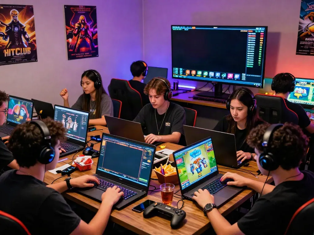 Hit club members engaged in online gaming, showcasing a lively community atmosphere with colorful screens and excited players.