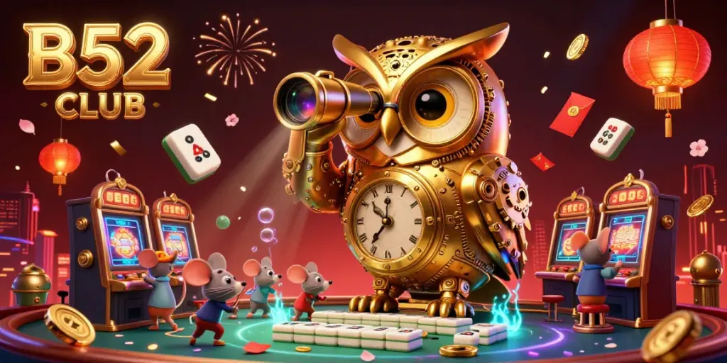 B52 CLUB features an animated scene with a clockwork owl surveying a lively casino floor, highlighting slot machines and festive game elements.