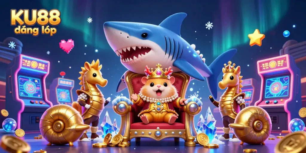 Engage in thrilling play at KU88 đăng nhập, featuring a surreal 3D casino scene with a golden hamster king.