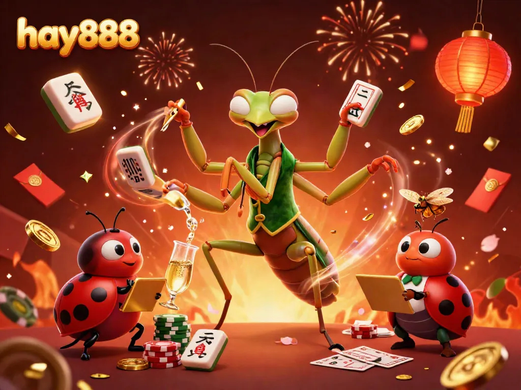 Experience the thrilling excitement of hay888 with a giant mantis dealer and vibrant casino elements.