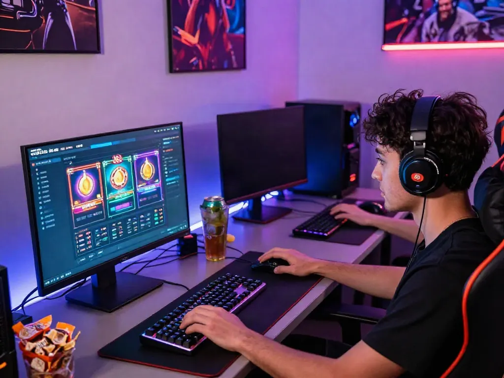 Gamer engaged with slot88 interface, vibrant digital gaming atmosphere