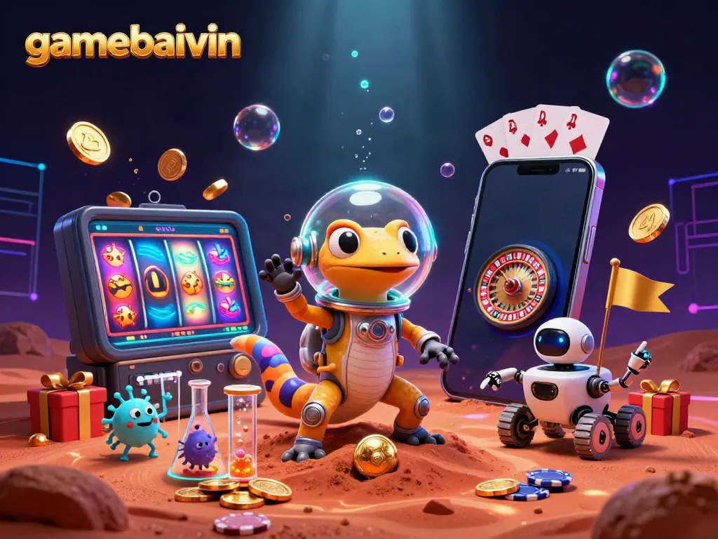 Experience gamebaivin's Martian gecko discovering a golden casino with vibrant casino elements.