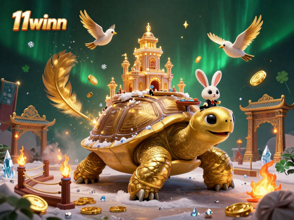 Experience the vibrant casino scene at 11winn with a tortoise palace and a card-dealing rabbit in action.
