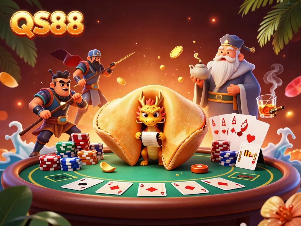 Experience thrilling gaming at QS88 with vibrant poker tables and fantastical characters celebrating wins.