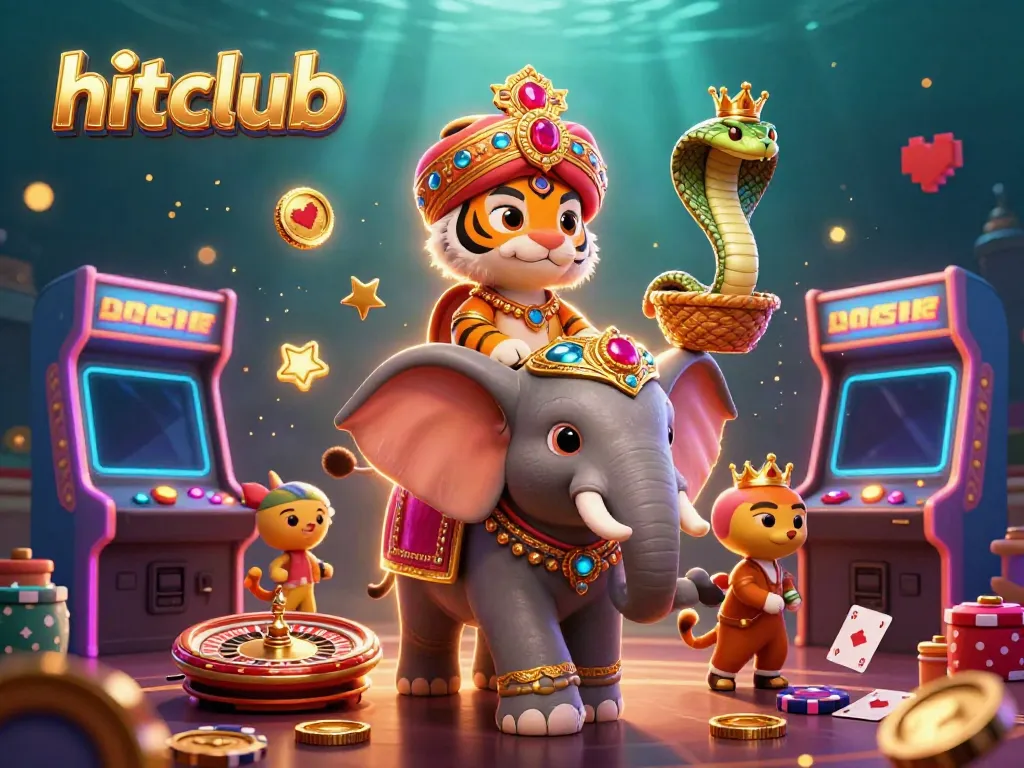 The hitclub logo shines in a rich gambling scene featuring a maharaja tiger, elephant, and casino elements.