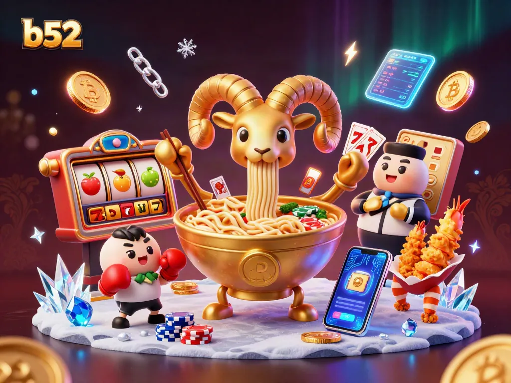 Engage with the b52 casino: vibrant scene featuring a golden ramen bowl and dazzling game elements