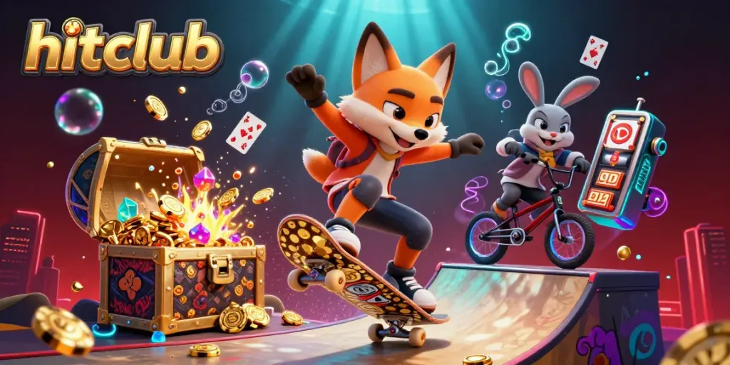 Watch the hitclub skateboarder fox performing tricks in a vibrant casino-themed scene with gold coins and slot elements.