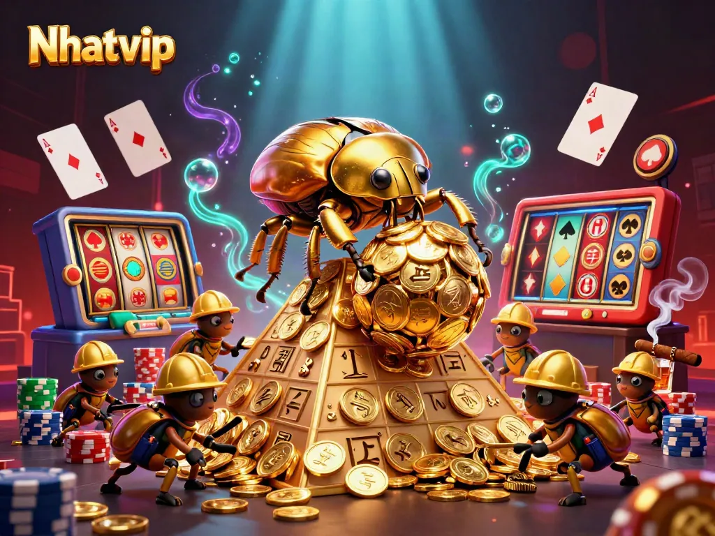 Nhatvip casino scene showcasing a golden dung beetle and vibrant gambling elements
