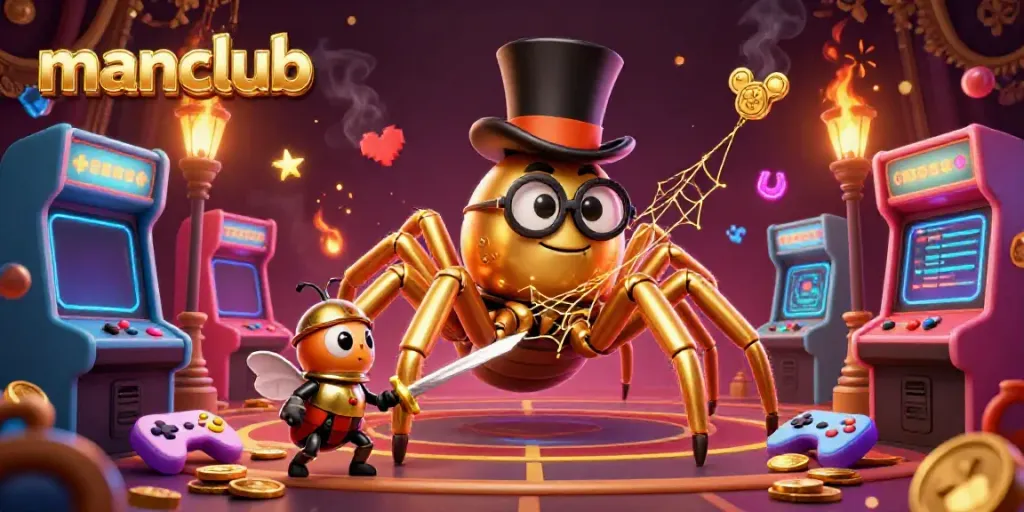 Experience excitement at MANCLUB with a golden tarantula and beetle knight in this vibrant casino scene.