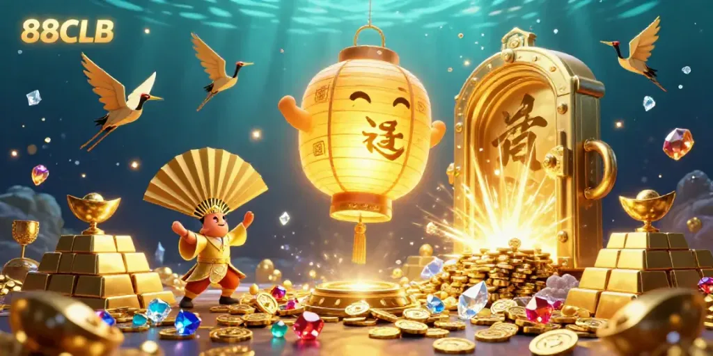 Engage with 88CLB at a dynamic casino featuring gold treasures and vibrant game elements.