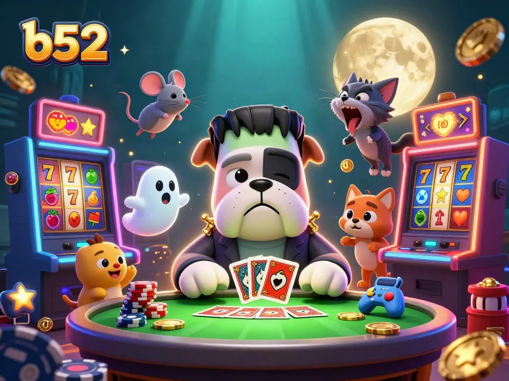 B52-themed casino illustration with a Frankenstein bulldog monster, spooky elements, and vibrant gaming visuals