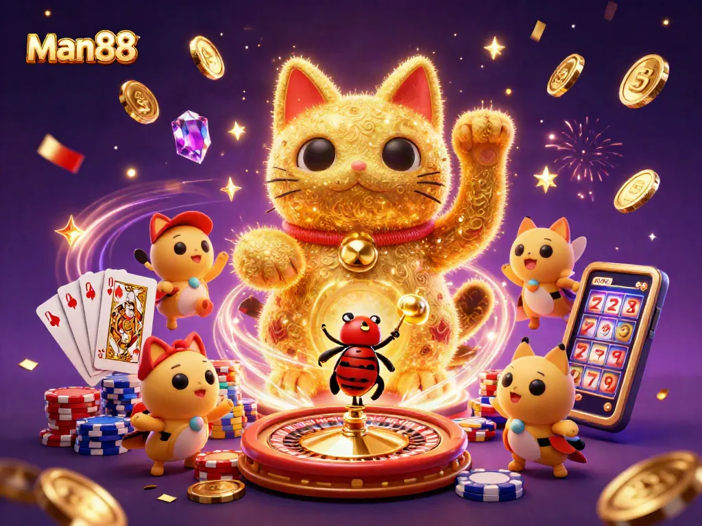 Engage with man88's vibrant casino world featuring a giant lucky cat and casino symbols.