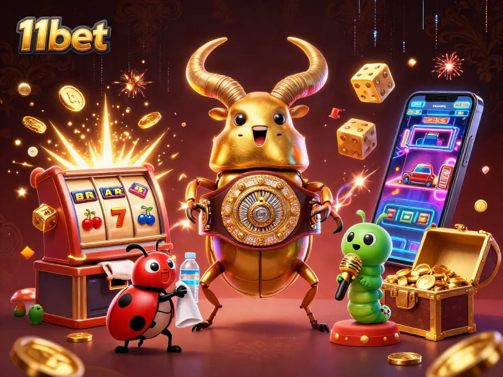Engage with 11bet's exciting gaming world in this vibrant 3D casino illustration featuring dynamic characters and elements.