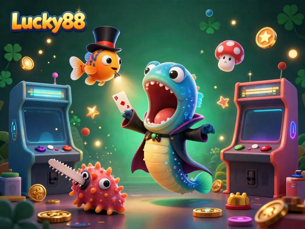 Join Lucky88 with a lively underwater magic act featuring a gulper eel, anglerfish, and sea cucumber in a vibrant casino setting.