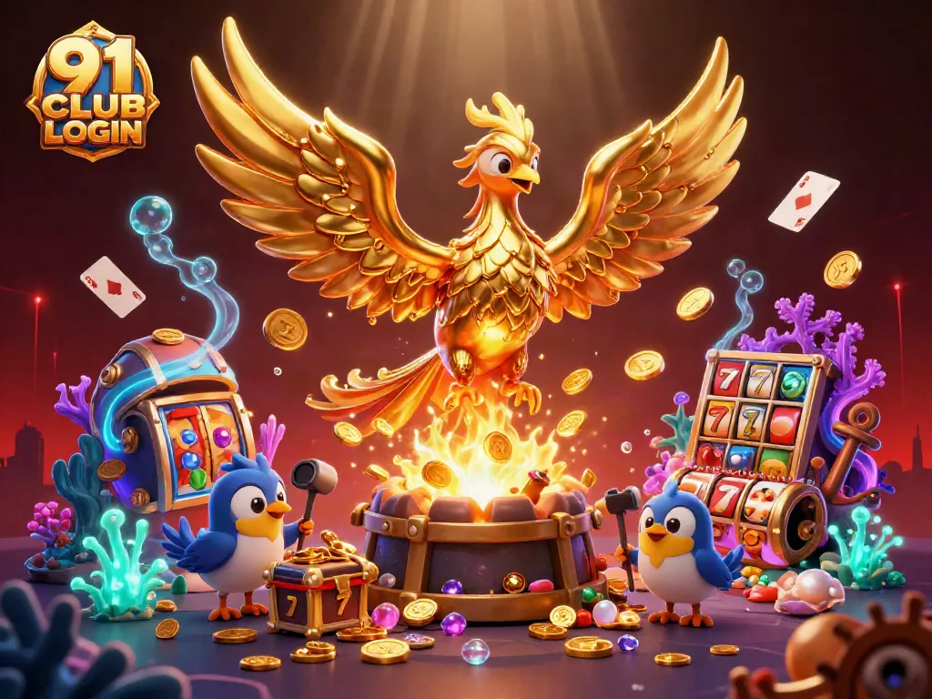 Engage with the thrilling 91 CLUB LOGIN featuring a golden phoenix and casino elements.