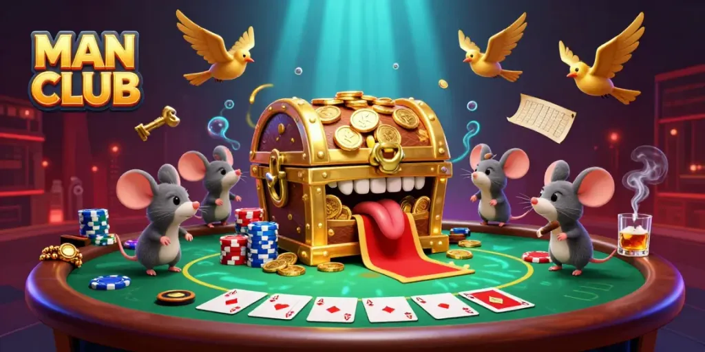 Experience thrilling poker nights at MAN CLUB with treasure chests and colorful chips!
